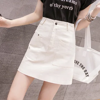Denim Skirt Women Summer White Black Solid Casual High Waist A Line Denim Skirts High Street Pockets All-matched Jeans Skirt 
Denim Skirt Women Summer White Black Solid Casual High Waist A Line Denim Skirts High Street Pockets All-matched Jeans Skirt