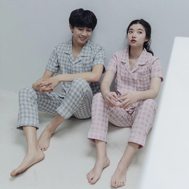 Пижамный комплект для влюбленных клетчатая пижама из 100% хлопка Повседневная