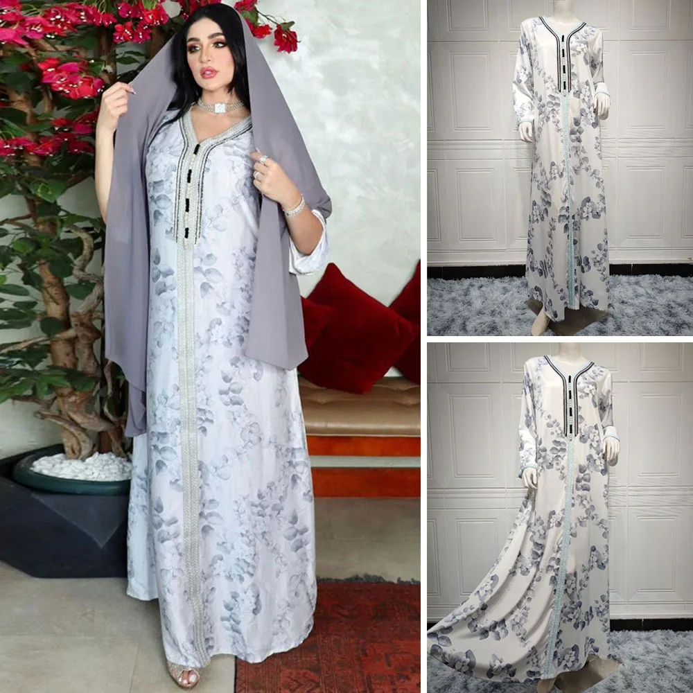 

Kaftan Muslim Printed Long Dress Women Abaya Islamic Arabic V-neck Moroccan Turkey Middle East Maxi Robe Gown Dubai Eid Ramadan