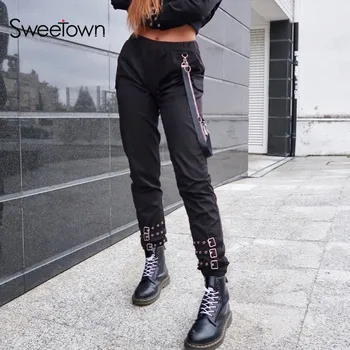 

Sweetownl Black Hippie Harem Pants Streetwear Khaki Pockets High Waist Trousers Women Autumn 2018 Patchwork Pantalon Haute Femme