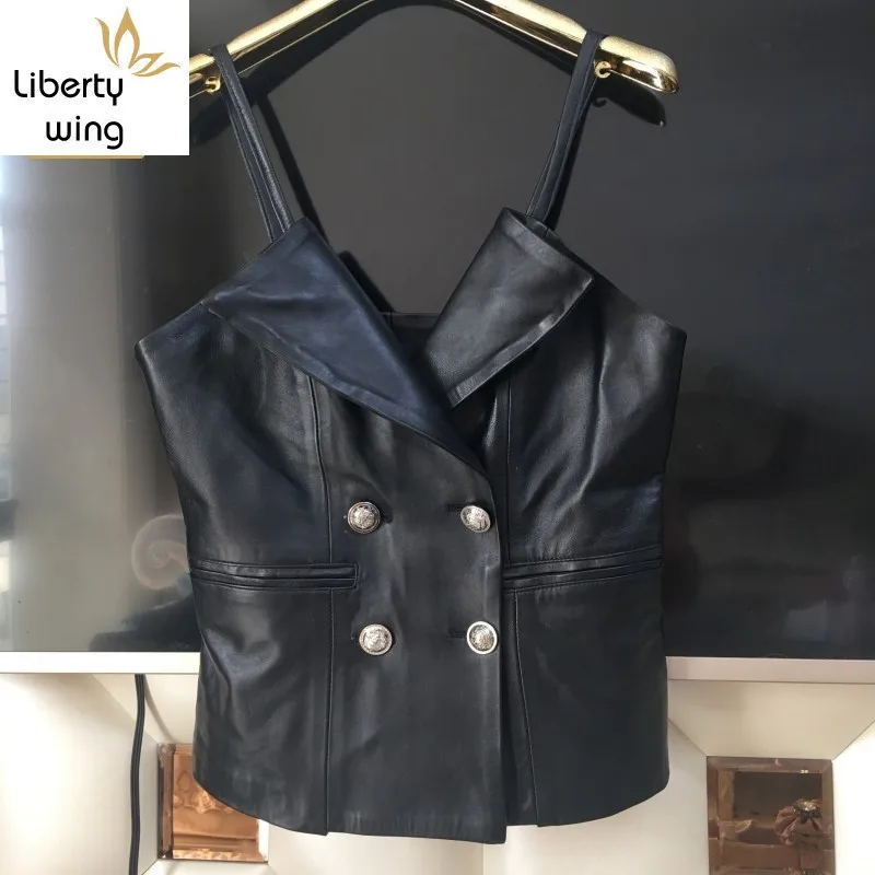 Genuine Vest Black Female Sleeveless Short Sexy Leather Waistcoat Clothing Korean Style Streetwear Sheepskin Vests Soft 
Genuine Vest Black Female Sleeveless Short Sexy Leather Waistcoat Clothing Korean Style Streetwear Sheepskin Vests Soft