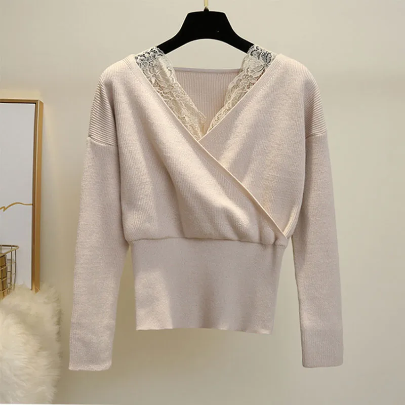 New 2020 Fashion Sweet Fake Two Pieces Women's Colthing Autumn Winter Cross V-Neck Lace Long Sleeve Base Sweater OL Top Black
New 2020 Fashion Sweet Fake Two Pieces Women's Colthing Autumn Winter Cross V-Neck Lace Long Sleeve Base Sweater OL Top Black