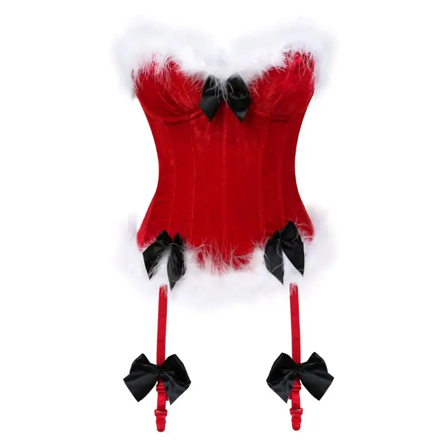 

Women Sexy Side Zipper Overbust Corset Bustier Lingerie Top White Feather Burlesque Lace Up Corset Christmas Santa Costume