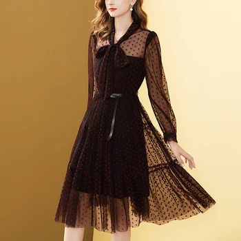 Gedivoen Fashion Runway Elegant Dress Women Bow Collar Polka Dot Print Belt Mesh A Line Dress Sweet Party Dresses Vestidos
Gedivoen Fashion Runway Elegant Dress Women Bow Collar Polka Dot Print Belt Mesh A Line Dress Sweet Party Dresses Vestidos