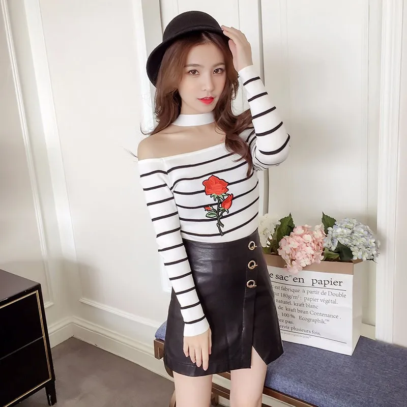 Autumn Women Knitted Sweater Sexy Slash Neck Halter long sleeve Striped Pullover Pull Femme crop top Rose Embroidery Sweaters
Autumn Women Knitted Sweater Sexy Slash Neck Halter long sleeve Striped Pullover Pull Femme crop top Rose Embroidery Sweaters