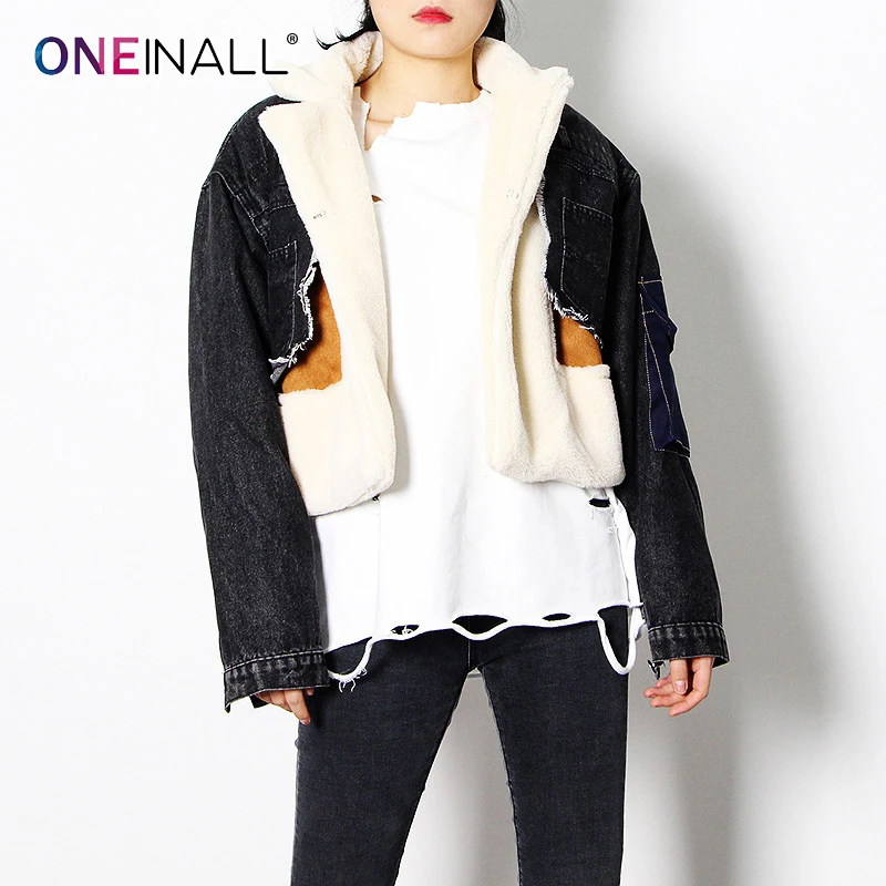 ONEINALL Black Patchwork Denim Short Coat For Women Lapel Collar Long Sleeve Pockets Female 2021 Winter Clothing Fashion Style
ONEINALL Black Patchwork Denim Short Coat For Women Lapel Collar Long Sleeve Pockets Female 2021 Winter Clothing Fashion Style