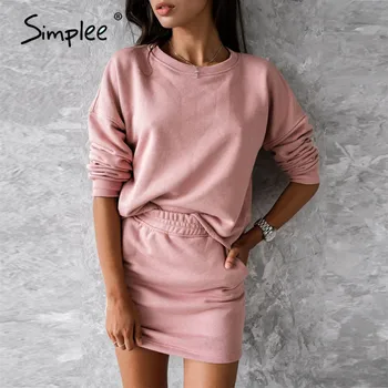 Simplee Casual solid color two piece Fashion long sleeve short skirt set Round neck pocket women's two piece set Autumn 2020 
Simplee Casual solid color two piece Fashion long sleeve short skirt set Round neck pocket women's two piece set Autumn 2020