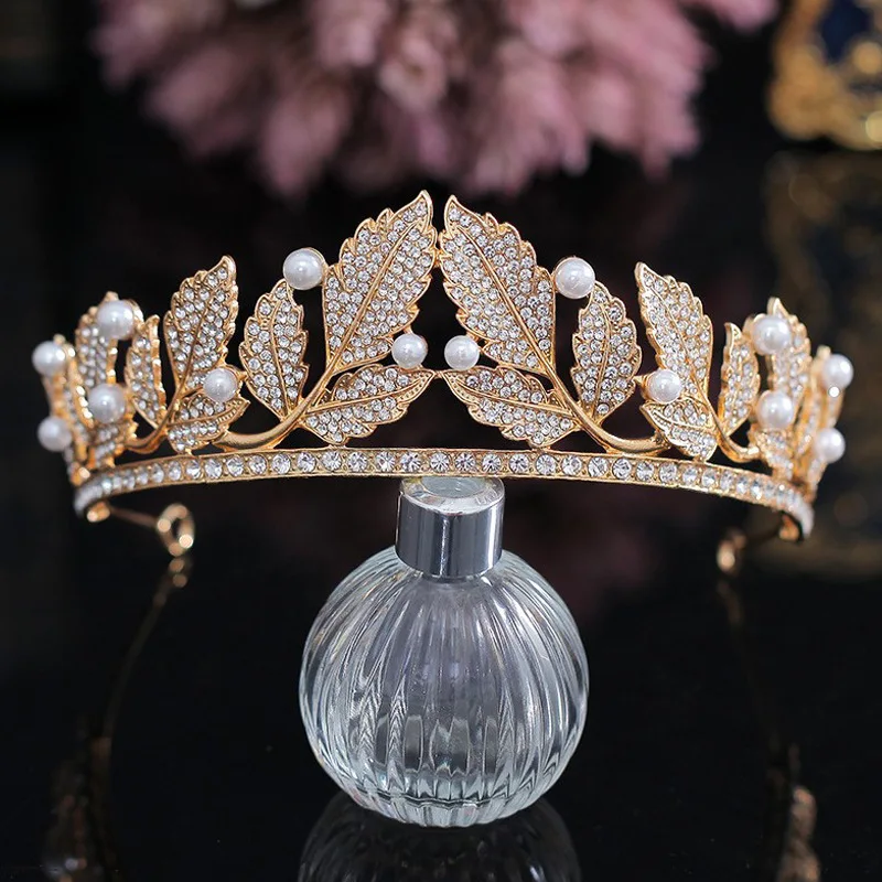 

Baroque Rhinestones Pearls Tiaras Leaves Crown for Bride Headdress Princess Diadem Prom Wedding Hair Jewelry