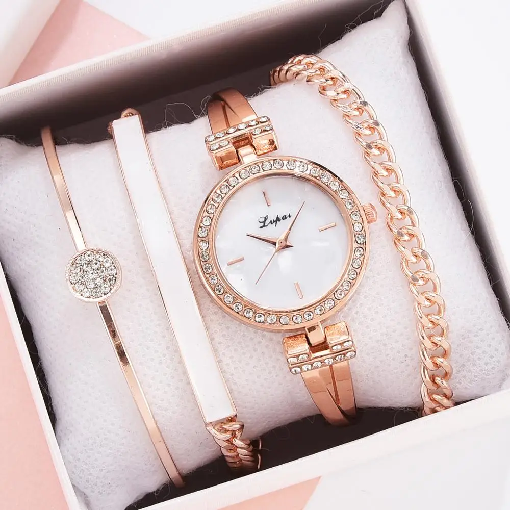 Набор из 4 предметов Женские кварцевые наручные часы с браслетом и пряжкой |