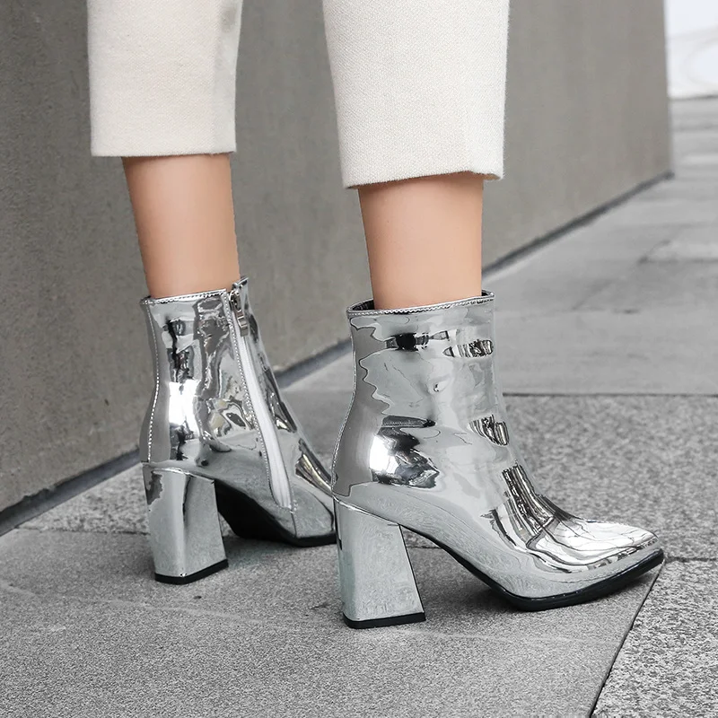 2019 New Ankle Boots For Women Pointed Toe Chunky High Heel Boots Silver Leather Mirror Metallic Boot Female Sexy Stiletto Boots
2019 New Ankle Boots For Women Pointed Toe Chunky High Heel Boots Silver Leather Mirror Metallic Boot Female Sexy Stiletto Boots