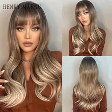 

HENRY MARGU Long Straight Synthetic Wigs with Bang Ombre Ash Brown Blonde Natural Hair for Women Cosplay Heat Resistant Wig