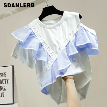 Tshirt Woman Single Side Off-Shoulder Contrasting Color Ruffles Stitching Short Sleeve Round Collar T-shirt Women's Summer Top
Tshirt Woman Single Side Off-Shoulder Contrasting Color Ruffles Stitching Short Sleeve Round Collar T-shirt Women's Summer Top