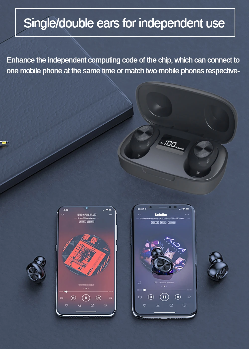 0 wireless earphone one key control earbud waterproof hfi sound