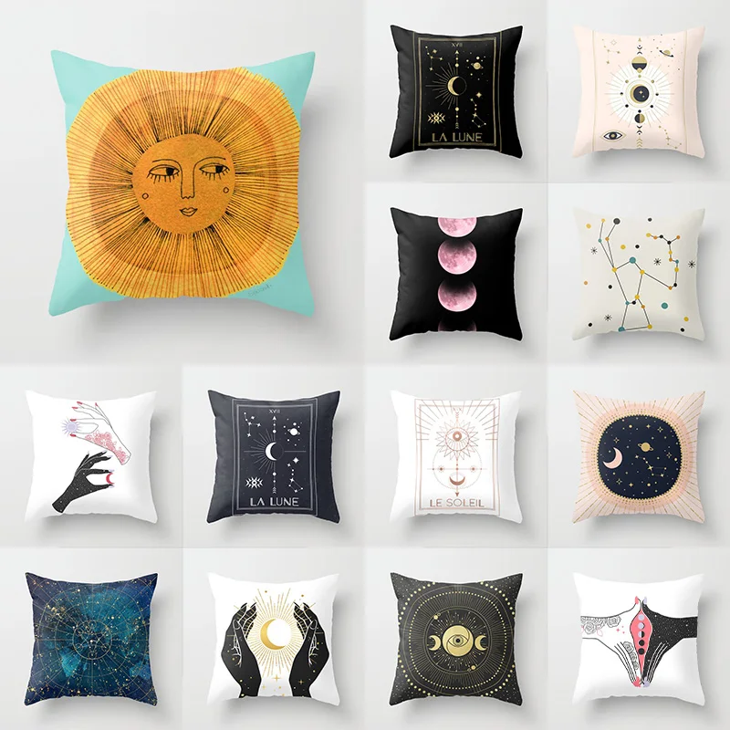 Фото Чехол на подушку с изображением Солнца и Луны тематика зодиака наволочки для