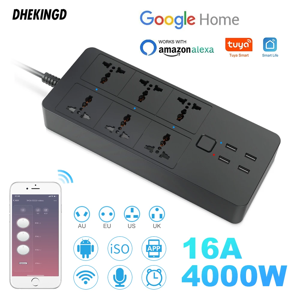 Smart WiFi power strip with 6 AC outlets and 4 USB ports
