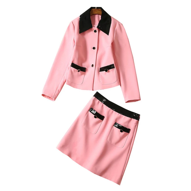 womens autumn two piece set black / pink suits outfit sequined turn-down collar long sleeve blazer top and fitted mini skirt
womens autumn two piece set black / pink suits outfit sequined turn-down collar long sleeve blazer top and fitted mini skirt