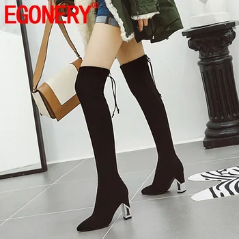 

EGONERY winter new fashion sexy over knee boots outside super high heels pointed toe black party women shoes drop shipping