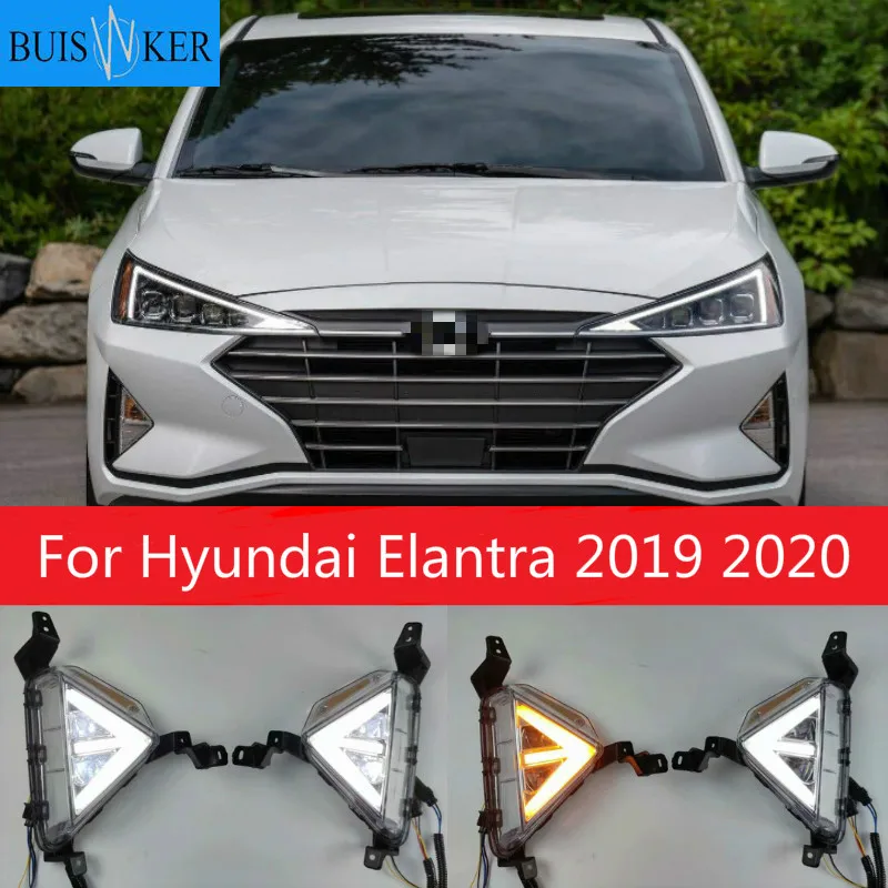 

Светодиодные противотуманные фары для Hyundai Elantra 2019 2020 DRL, дневные ходовые огни с желтым указателем поворота, противотуманные фары, 2 шт.