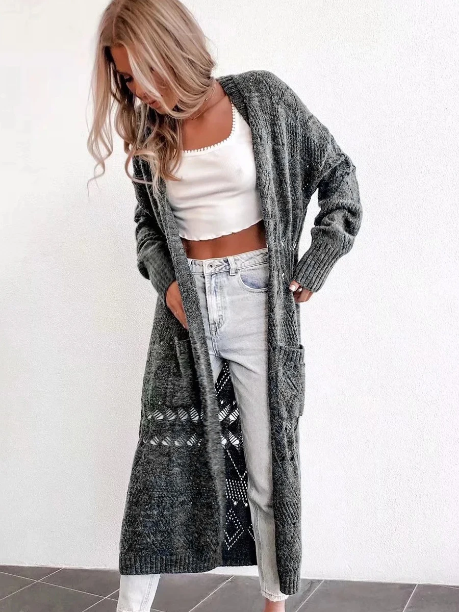 Hollow Out Dark Gray Long Cardigan Sweater Women Autumn Winter Long Sleeve Pocket Open Stitch 2019 Casual Vintage Jacket Jumpers
Hollow Out Dark Gray Long Cardigan Sweater Women Autumn Winter Long Sleeve Pocket Open Stitch 2019 Casual Vintage Jacket Jumpers