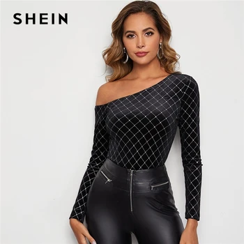

SHEIN Black Asymmetrical Neck Glitter Plaid Velvet Top Women Spring Tee Rhinestone Detail Slim Fit Glamorous Sexy T-shirts