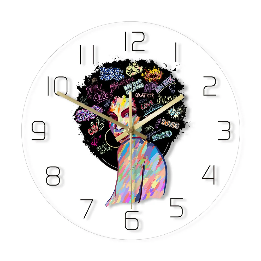 

African American Woman Face Painting Print Wall Clock Abstract Art Contemporary Home Decor Silent Non-Ticking Quartz Wall Clock