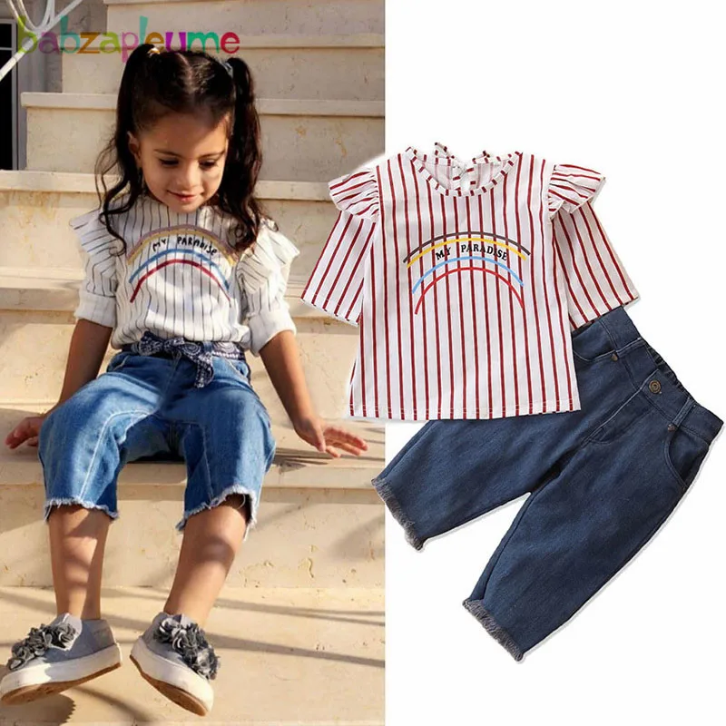 

2Piece/1-6Years/Spring Baby Girls Outfits Fashion Casual Stripe T-shirt+Loose Jeans Children Clothes Kids Clothing Sets BC1388