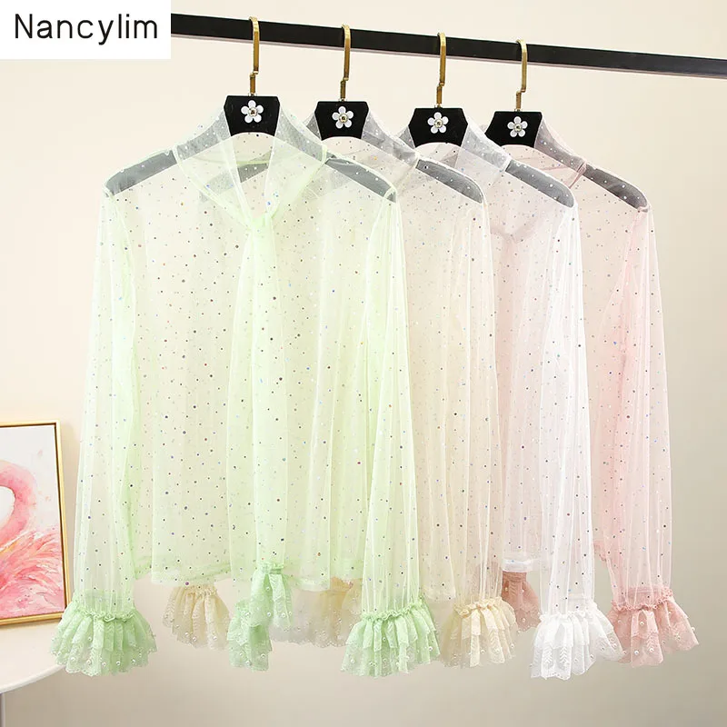 Mesh Lace Shirt Women Autumn and Winter 2019 Pearl Beaded Sequin Turtleneck Lace Blouse Girl Lady All-match Tops Gauze Blusas
Mesh Lace Shirt Women Autumn and Winter 2019 Pearl Beaded Sequin Turtleneck Lace Blouse Girl Lady All-match Tops Gauze Blusas