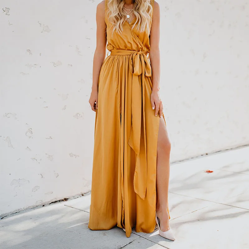 

Linglewei 2019 Summer new Bohemian solid V-neck sleeveless high slit dress