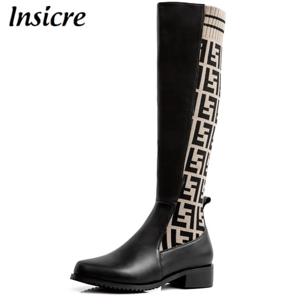 

Insicre Women Knee High Boots Cow Leather Low Heels 3.5 cm Patchwork Spring Female Winter Shoes Round Toe Brown Knitting