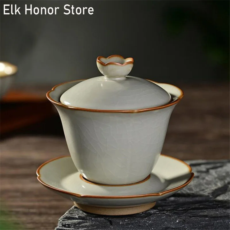 

180ML Ru Kiln Ceramic Gaiwan Lacework Tea Cup Gracked Glaze Tureen Japanese Kung Fu Tea Set Drinkware Coarse Pottery Tea Bowl