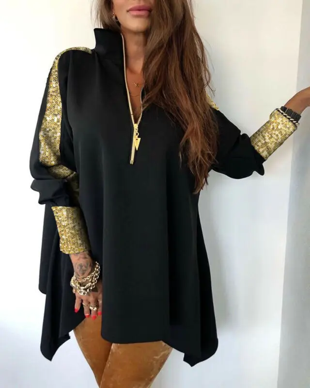 Women V-Neck Sequins Patchwork Stand Zipper Design Long Sleeve Shirt Blouse Top Elegant Bodycon Slim Loose Dress Plus Size hot
Women V-Neck Sequins Patchwork Stand Zipper Design Long Sleeve Shirt Blouse Top Elegant Bodycon Slim Loose Dress Plus Size hot