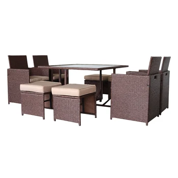9 Pieces Wood Grain PE Wicker Rattan Dining Ottoman with Tempered Glass Table Patio Furniture Set Outdoor Furniture Sofa Set
9 Pieces Wood Grain PE Wicker Rattan Dining Ottoman with Tempered Glass Table Patio Furniture Set Outdoor Furniture Sofa Set