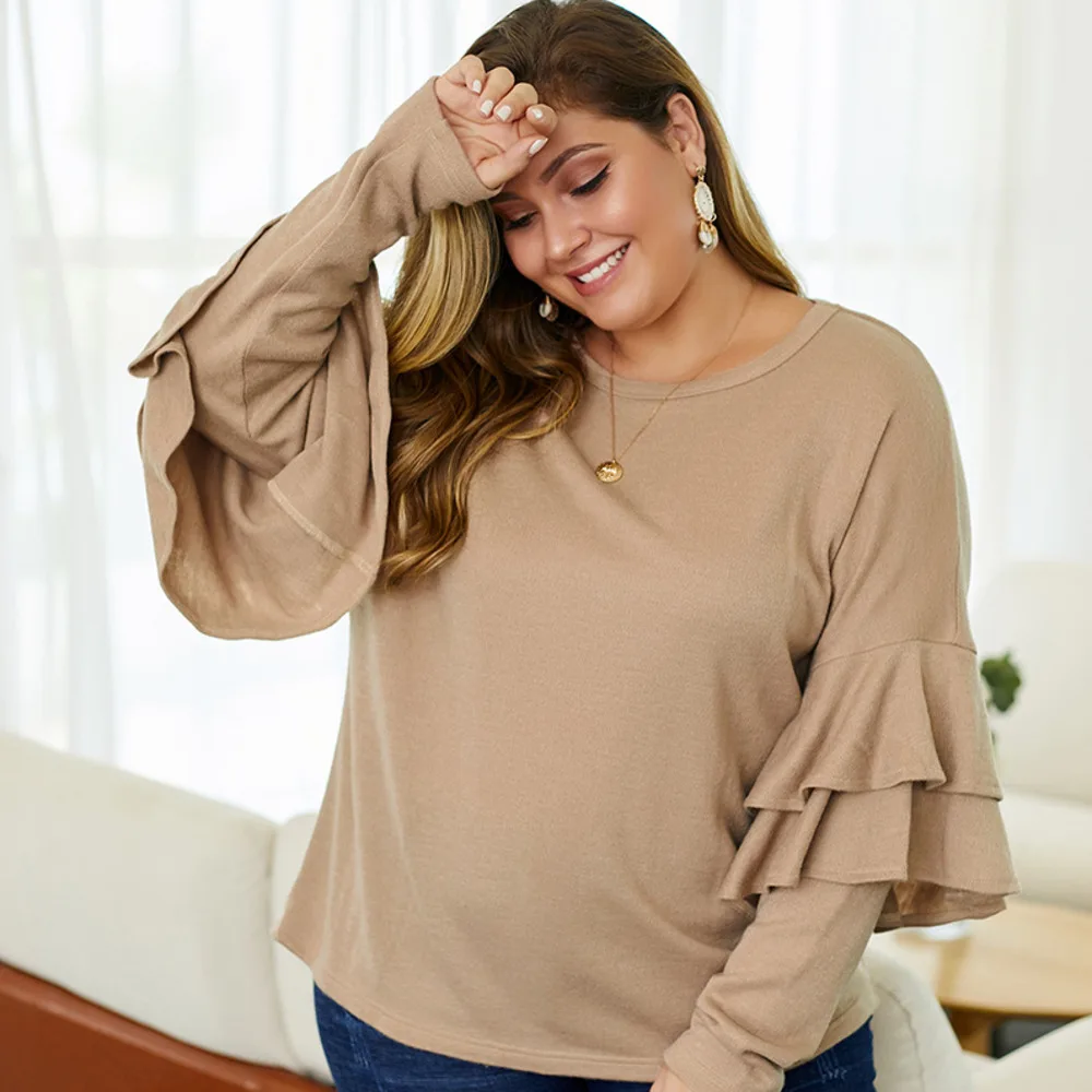 Ruffles Women Basic Sweater O Neck Casual Pullovers Khaki Color Knit Winter Clothes Plus Size Loose Sweater Pull Femme 2019
Ruffles Women Basic Sweater O Neck Casual Pullovers Khaki Color Knit Winter Clothes Plus Size Loose Sweater Pull Femme 2019