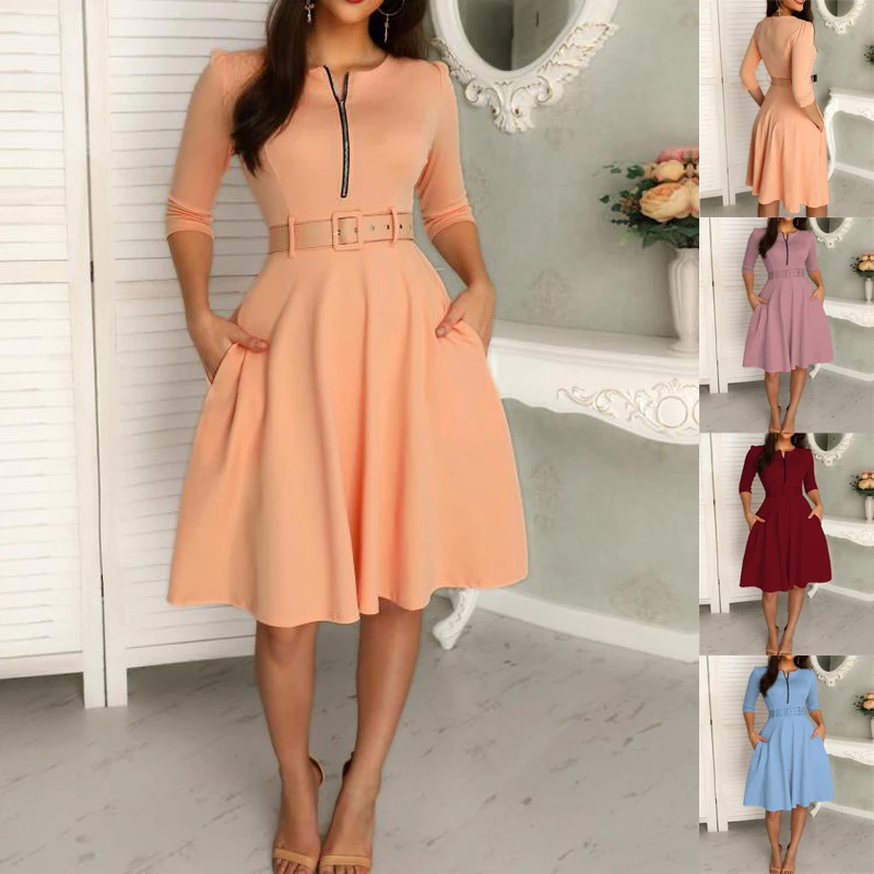 2019 Summer Women Fashion Solid Zipper Up Belted Pleated Casual Dress Elegant A-Line Tunic Party Dress Female O-Neck Vestidos
2019 Summer Women Fashion Solid Zipper Up Belted Pleated Casual Dress Elegant A-Line Tunic Party Dress Female O-Neck Vestidos