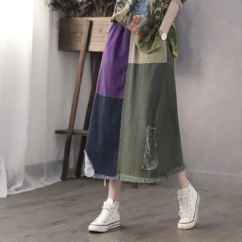 Retro Literary Spring and Autumn New Color Matching Skirt Hole Denim Skirt Female Vintage Casual A-line Jeans Saias Midi r362
Retro Literary Spring and Autumn New Color Matching Skirt Hole Denim Skirt Female Vintage Casual A-line Jeans Saias Midi r362