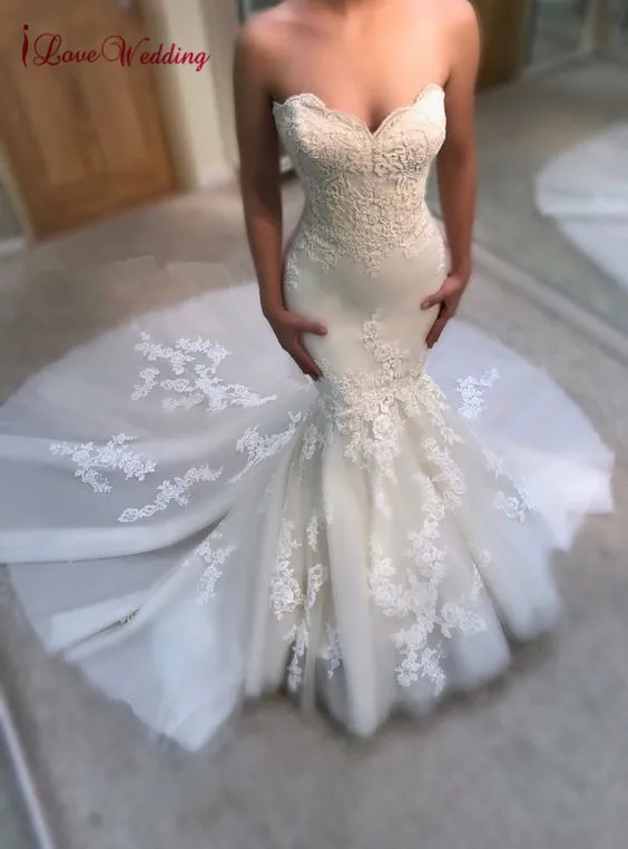 Фото Vestido de novia 2020 Sweetheart Lace Applique custom made Court Train Bride dress Elegant Fishtail Wedding Gown | Свадьбы и