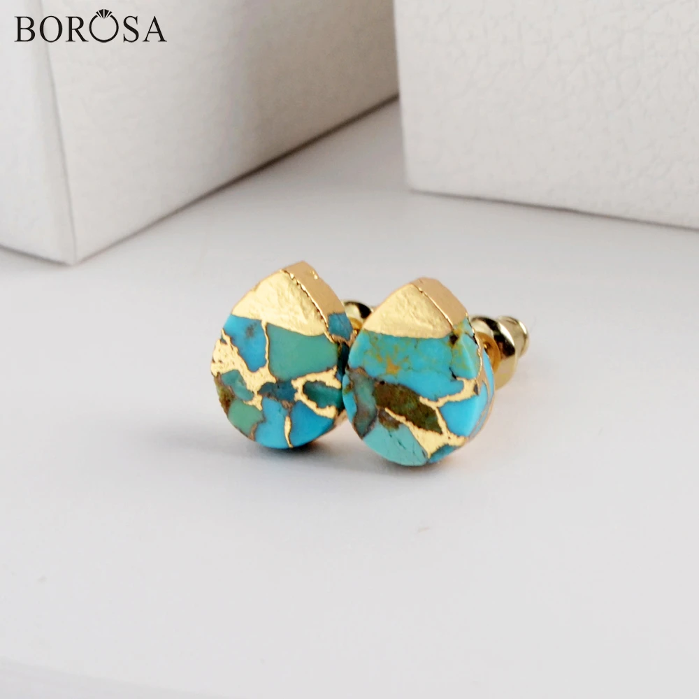 BOROSA Golden Teardrop Copper Turquoises Stud Earrings for Women High Quality Gems Natural Blue Stone Statement Jewelry G1984
BOROSA Golden Teardrop Copper Turquoises Stud Earrings for Women High Quality Gems Natural Blue Stone Statement Jewelry G1984