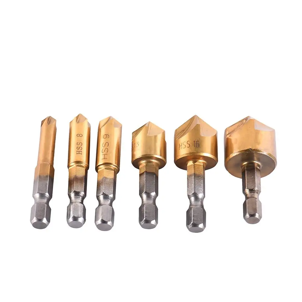 6 Pcs 5 Flute Countersink Drill 1/4'' Hex HSS Shank 90 Degrees Wood Chamferring Cutter Wood Working Repairer 6-19mm Drill Bit
6 Pcs 5 Flute Countersink Drill 1/4'' Hex HSS Shank 90 Degrees Wood Chamferring Cutter Wood Working Repairer 6-19mm Drill Bit