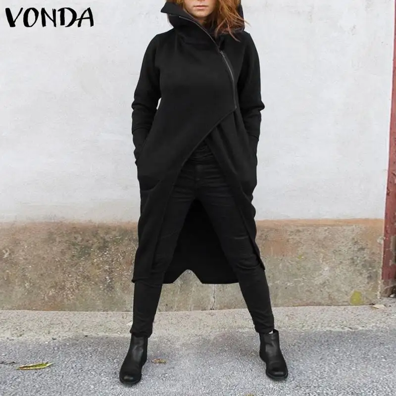 

VONDA Winter Coats Women Asymmetric Jackets Zippers Sweatshirt 2019 Autumn Hoody Dress Casual Loose Irregular Long Coat S-5XL