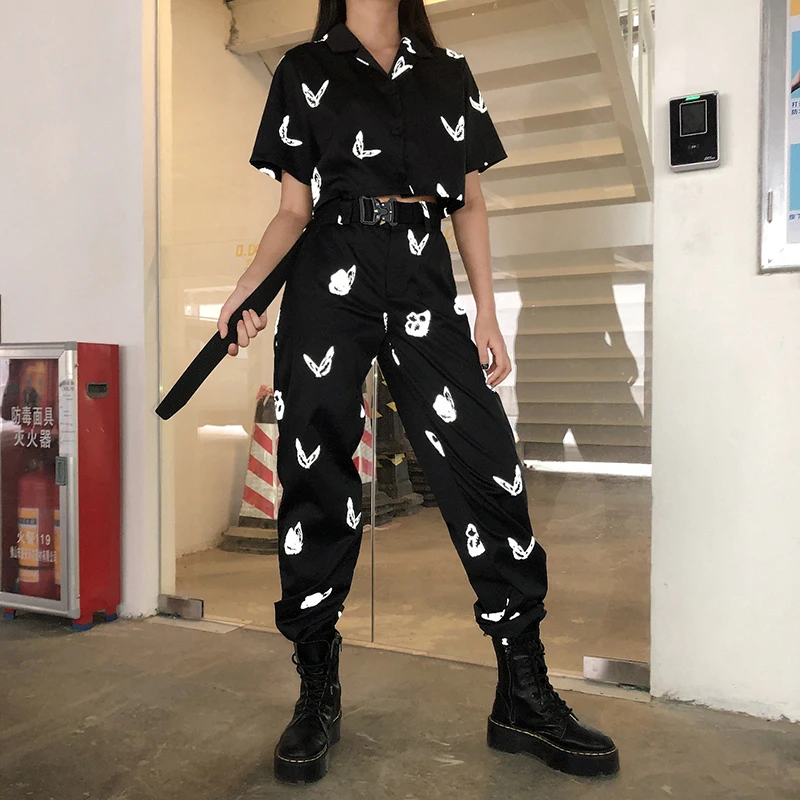 Darlingaga Streetwear Reflective Butterfly Print Two Piece Set Women Tracksuit Summer Cropped Blouse Top and Pants Matching Sets