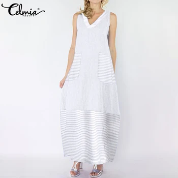 Celmia Sexy Summer Dress Women V neck Striped Patchwork Shirt Sundress Casual Sleeveless Pockets Beach Robe Long Maxi Vestidos
Celmia Sexy Summer Dress Women V neck Striped Patchwork Shirt Sundress Casual Sleeveless Pockets Beach Robe Long Maxi Vestidos