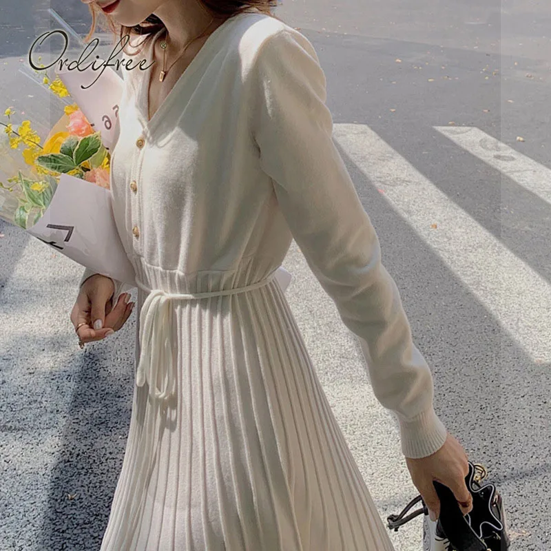 

Ordifree 2022 Autumn Winter Women Knitted Dress Long Sleeve White Burgundy Belted Sweater Midi Dress