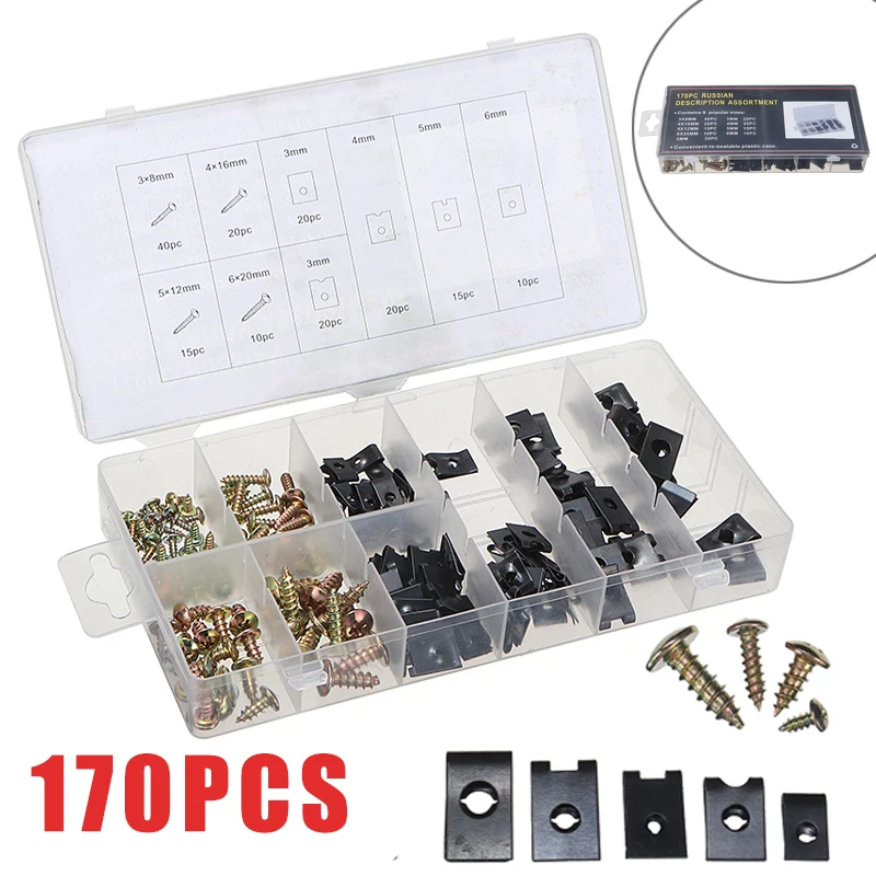 170pcs Steel Self-tapping Screws Nuts & Fender U-clips Assortment Set For Metalworking Fastener With A Plastic Box
170pcs Steel Self-tapping Screws Nuts & Fender U-clips Assortment Set For Metalworking Fastener With A Plastic Box