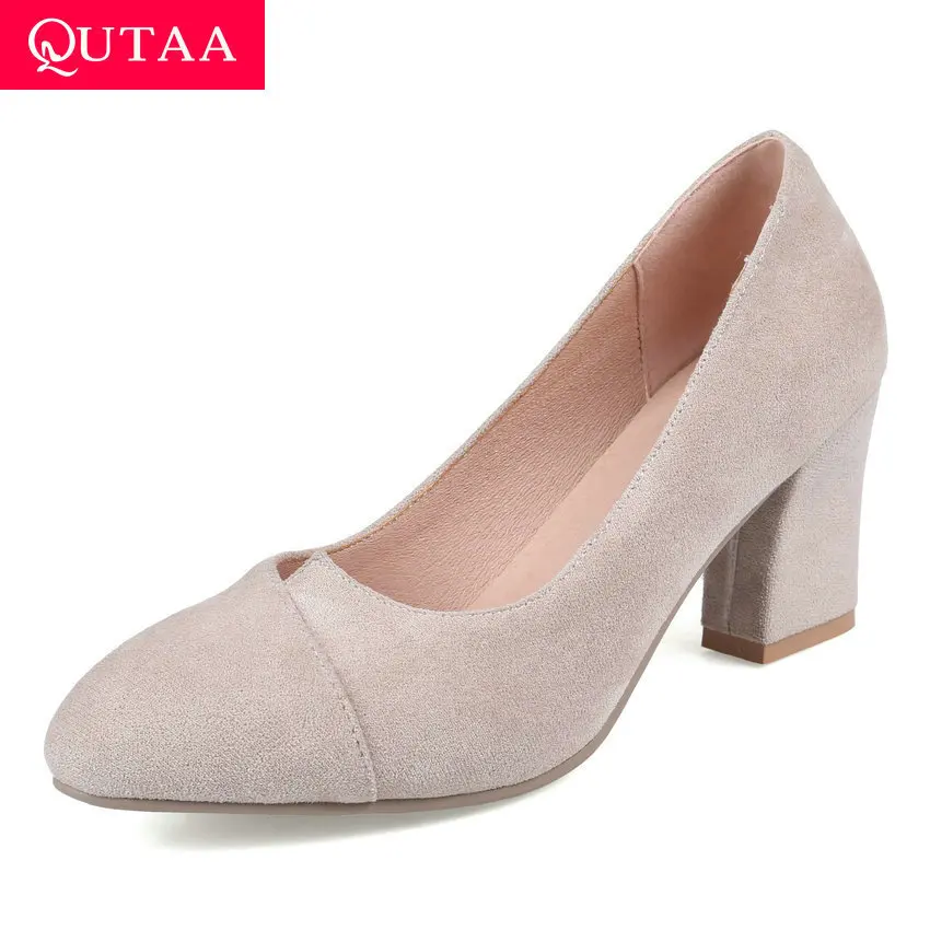 QUTAA 2020 Flock Shallow Concise Women Shoes Round Toe Elegant Ladies Pumps Square High Heel Slip on Single Shoes Big Size 34-43