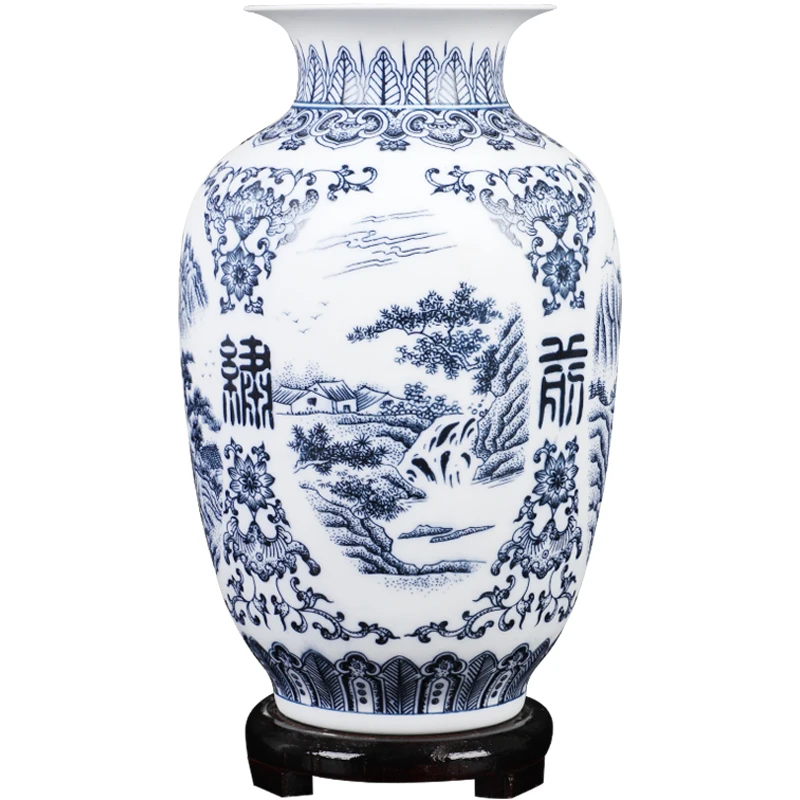 

Jingdezhen Ceramic Vase Retro-ancient Landscape Dumb Blue and White Porcelain Flower Arrangement Small Dry Flower Vase Porcelain
