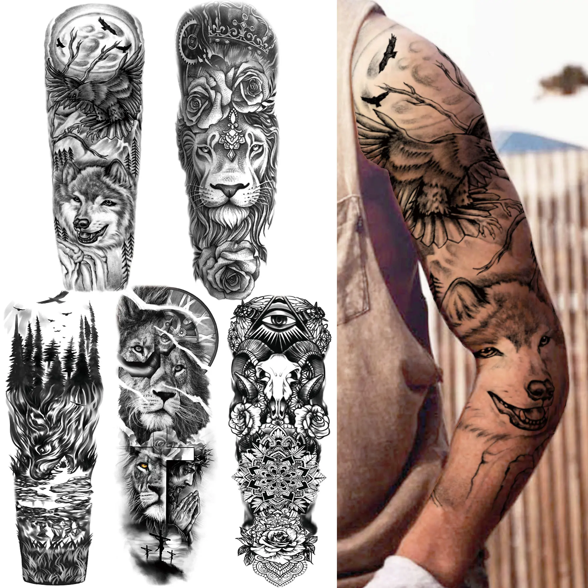 

Black Wolf Forest Temporary Tattoos Sleeve For Men Women Adul Cross Fake Lion Flower Tattoo Sticker For Kids Boys Tribal Tatoos