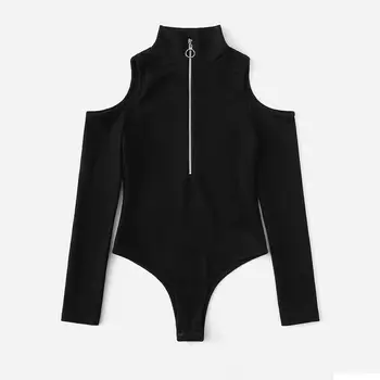 

Hot Zipper Mock Neck Frill Detail Textured Elegant Bodysuit Women Black Stand Collar Long Sleeve Mid Waist Skinny Crop Jumpsuits