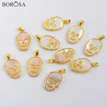 

BOROSA 10Pcs Gold Plating Skull Shape Natural Pink/White Shell Pendant Gild Bezel Person Cranial Shape Pendants Jewelry WX1218