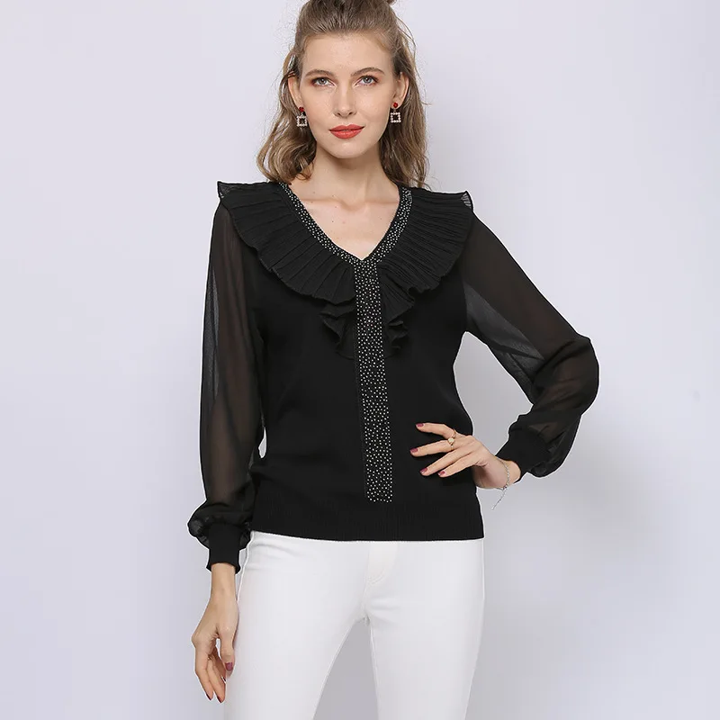 Beading Ruffles Summer Blouse Tops Long Sleeves Stitching Chiffon Shirts Solid Color Women's Tops Pullover Sweater T20602
Beading Ruffles Summer Blouse Tops Long Sleeves Stitching Chiffon Shirts Solid Color Women's Tops Pullover Sweater T20602