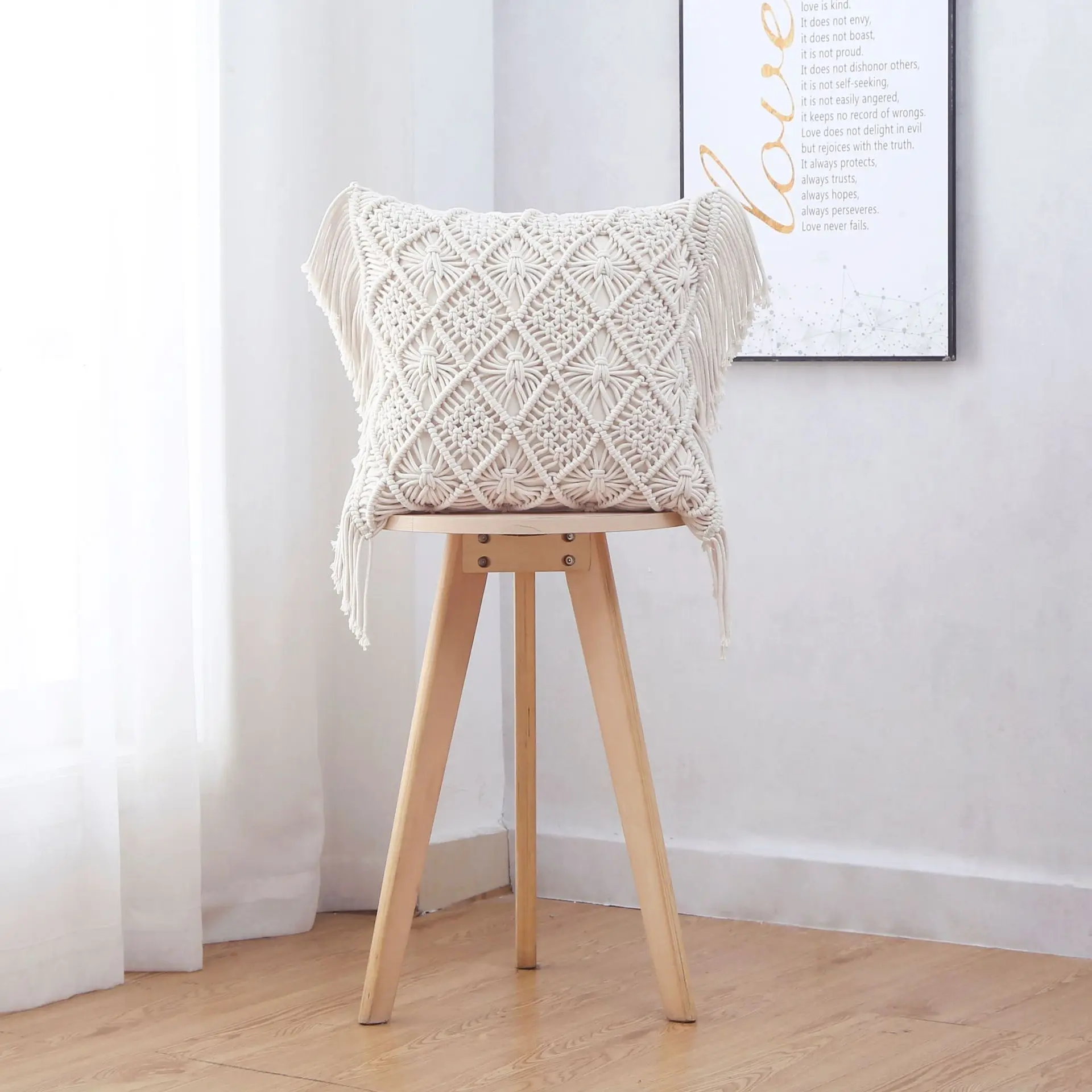 Hand-Woven Geometric Macrame Pillow Cover - Cotton Tassel Cushion 3 H6df4083148954486ab0e8cc1e3c1c9991